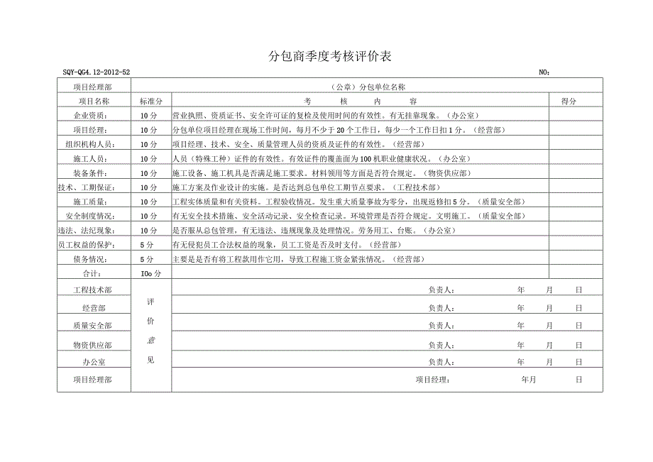 分包商季度考核评价表(空白表）.docx_第1页