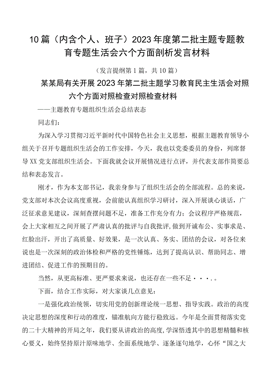 10篇（内含个人、班子）2023年度第二批主题专题教育专题生活会六个方面剖析发言材料.docx_第1页