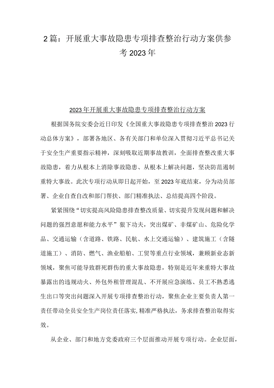 2篇：开展重大事故隐患专项排查整治行动方案供参考2023年.docx_第1页