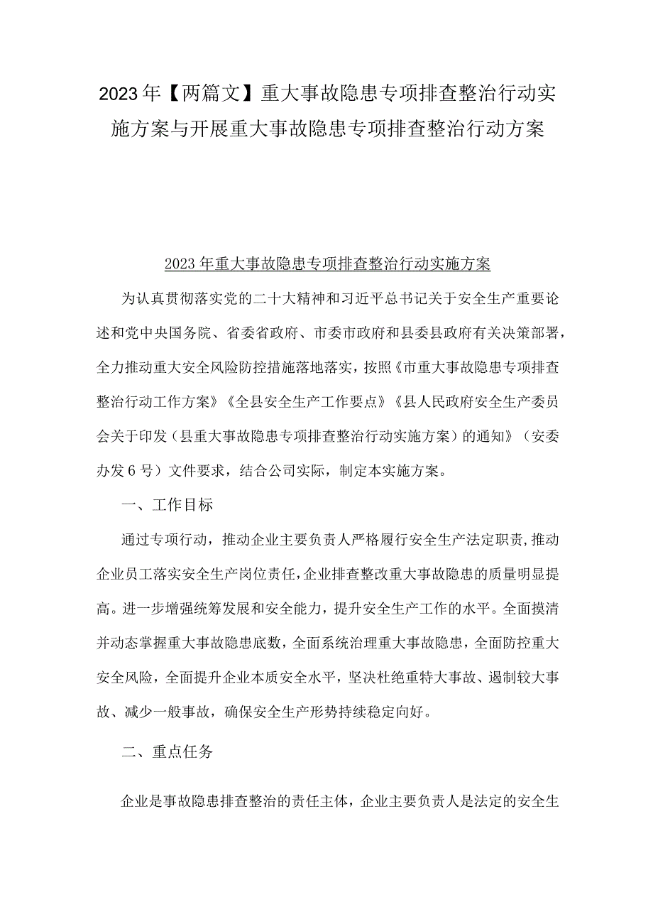 2023年【两篇文】重大事故隐患专项排查整治行动实施方案与开展重大事故隐患专项排查整治行动方案.docx_第1页