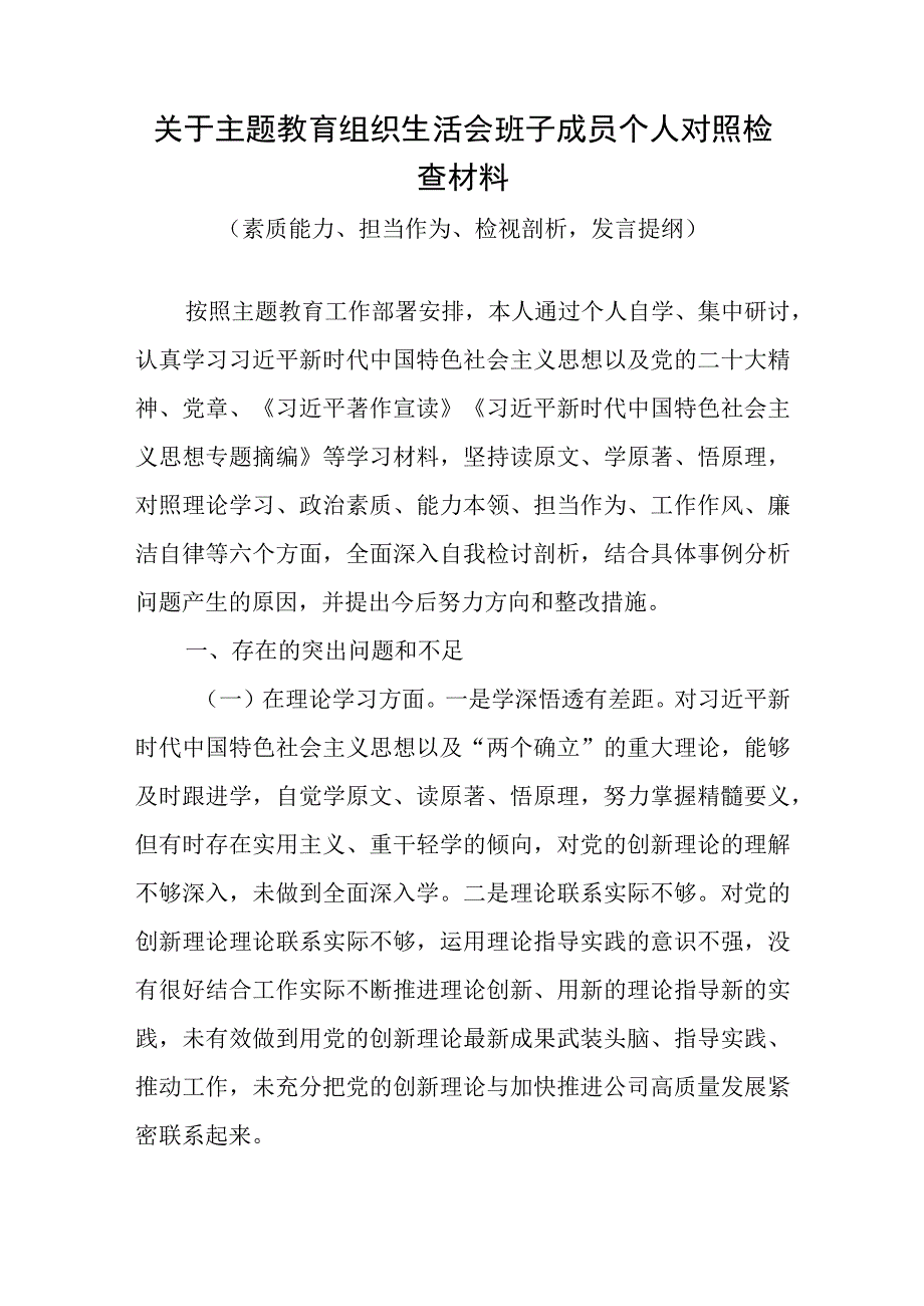 关于专题教育生活会班子成员个人对照检查材料（素质能力、担当作为、检视剖析发言提纲）.docx_第1页