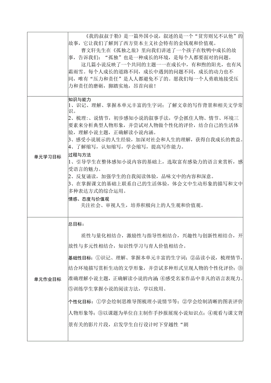 人教社统编版教材九年级上册第四单元作业设计 《故乡》《我的叔叔于勒》《孤独之旅》.docx_第3页