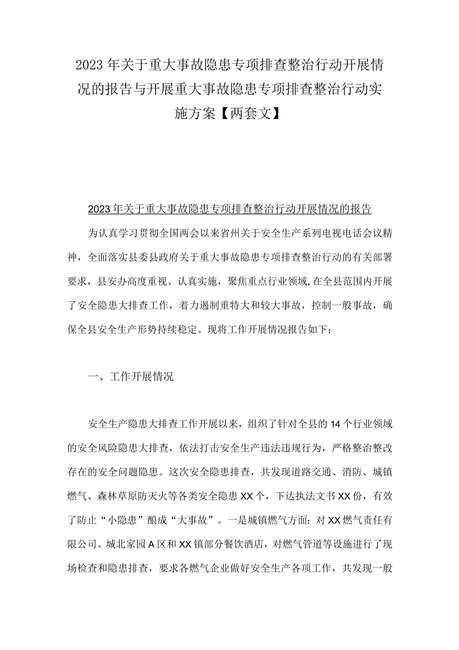 2023年关于重大事故隐患专项排查整治行动开展情况的报告与开展重大事故隐患专项排查整治行动实施方案【两套文】.docx_第1页