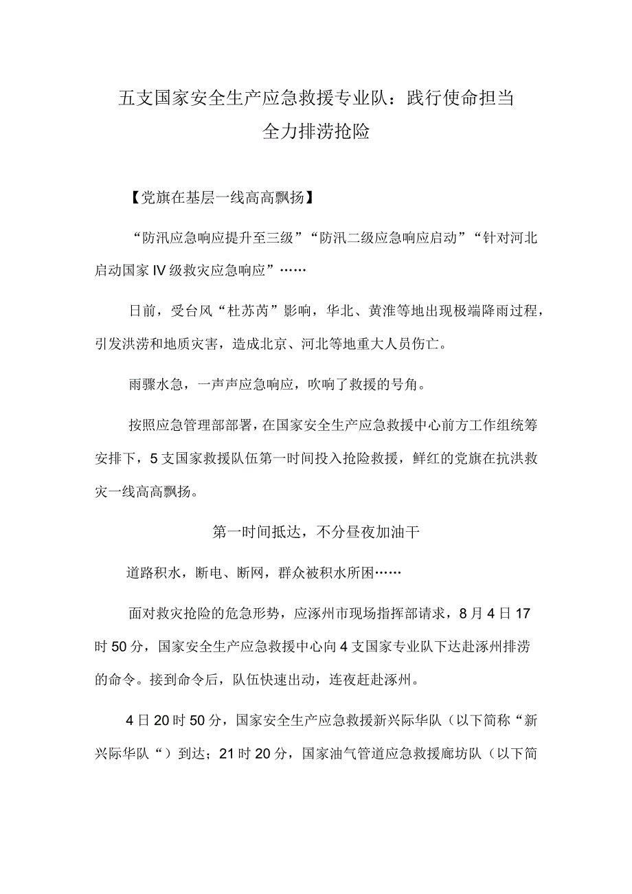 五支国家安全生产应急救援专业队：践行使命担当 全力排涝抢险.docx_第1页