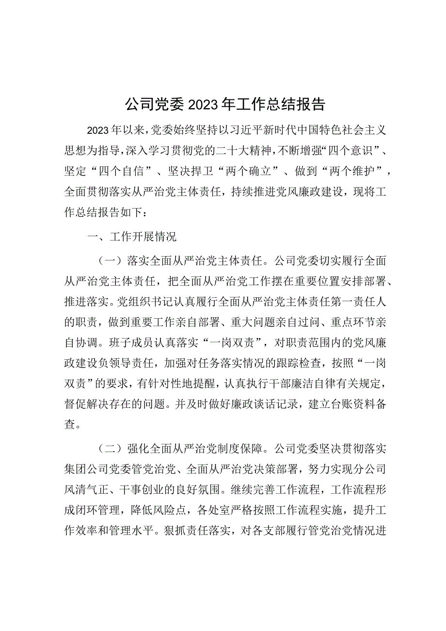 党委2023年工作总结报告（公司）.docx_第1页