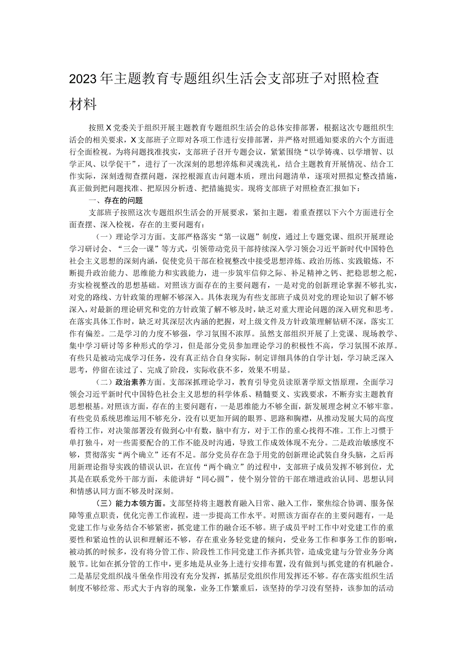 2023年主题教育专题组织生活会支部班子对照检查材料.docx_第1页