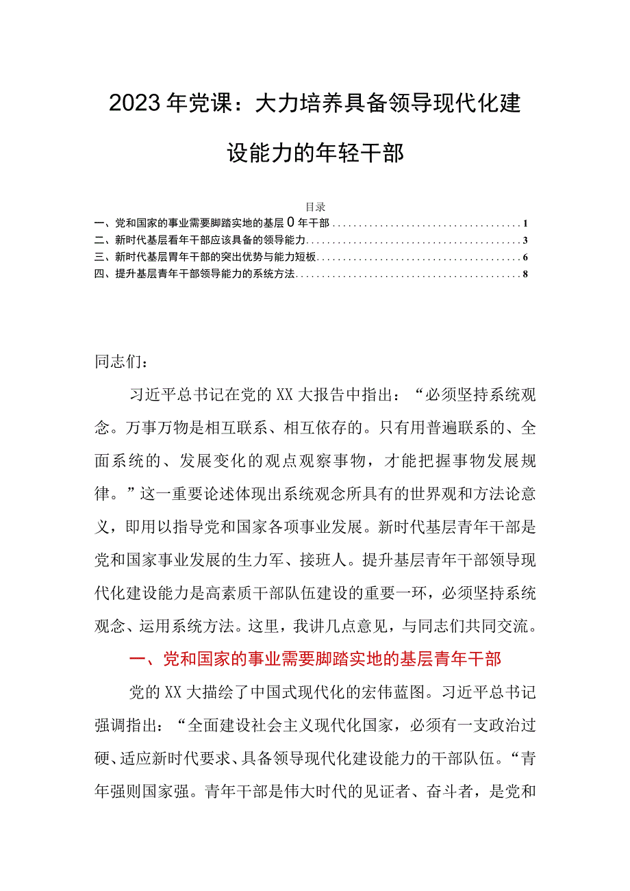 2023年党课：大力培养具备领导现代化建设能力的年轻干部.docx_第1页