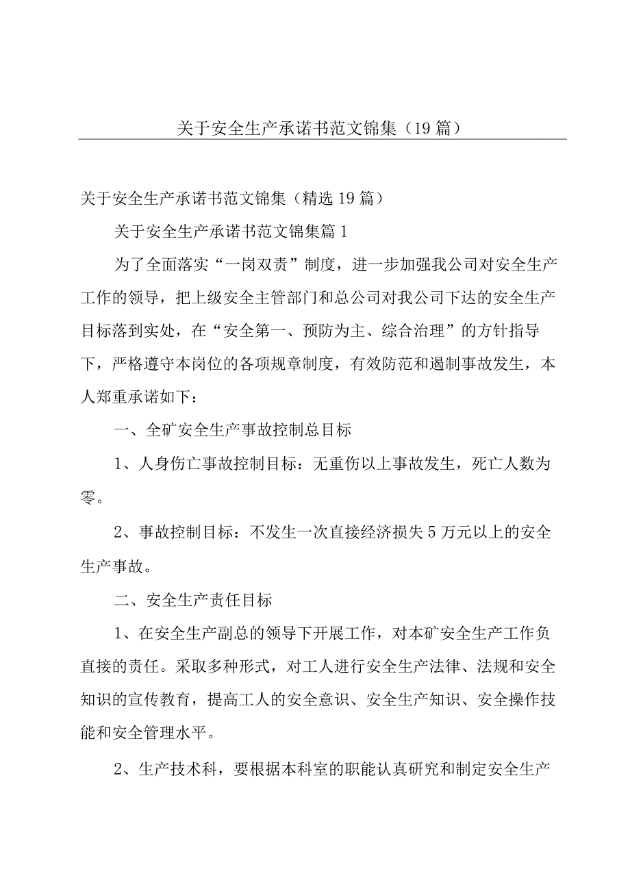 关于安全生产承诺书范文锦集（19篇）.docx_第1页