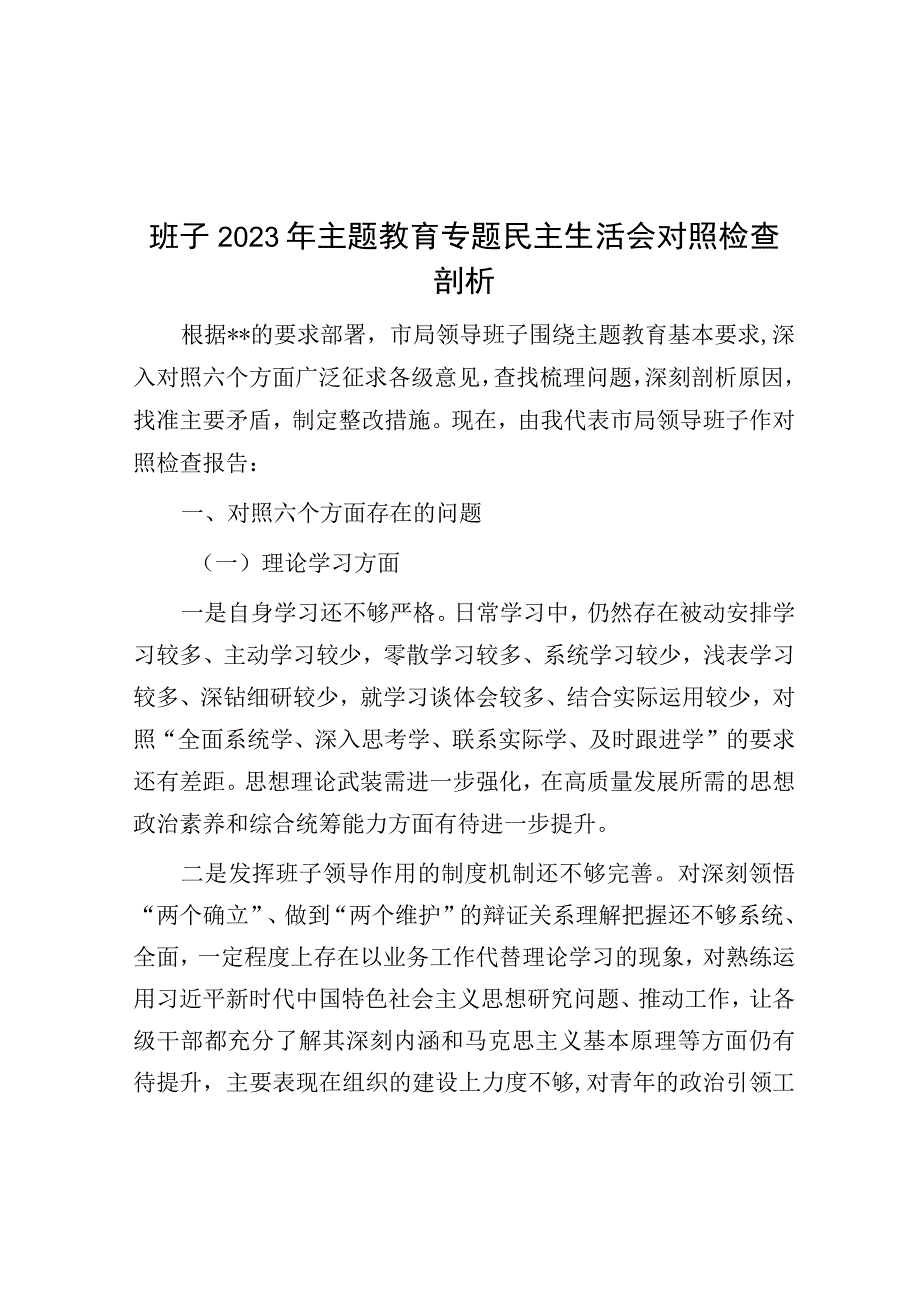 2023年主题教育专题民主生活会班子对照检查剖析.docx_第1页