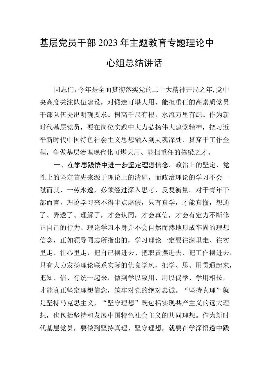 基层党员干部2023年主题教育专题理论中心组总结讲话发言.docx_第1页