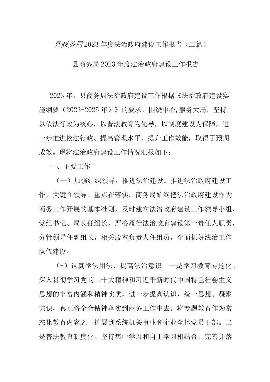 县商务局2023年度法治政府建设工作报告(二篇).docx_第1页