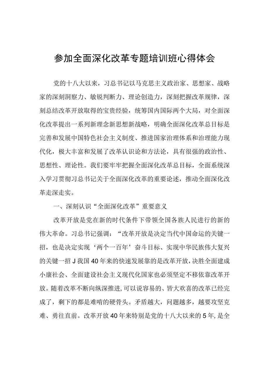 参加全面深化改革专题培训班心得体会心得体会.docx_第1页