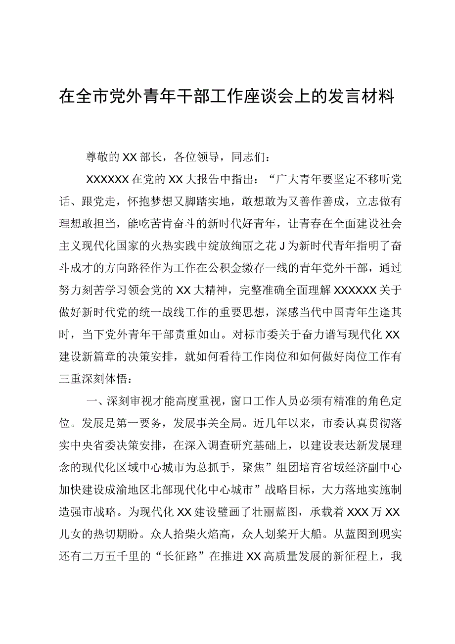 在全市党外青年干部工作座谈会上的发言材料.docx_第1页