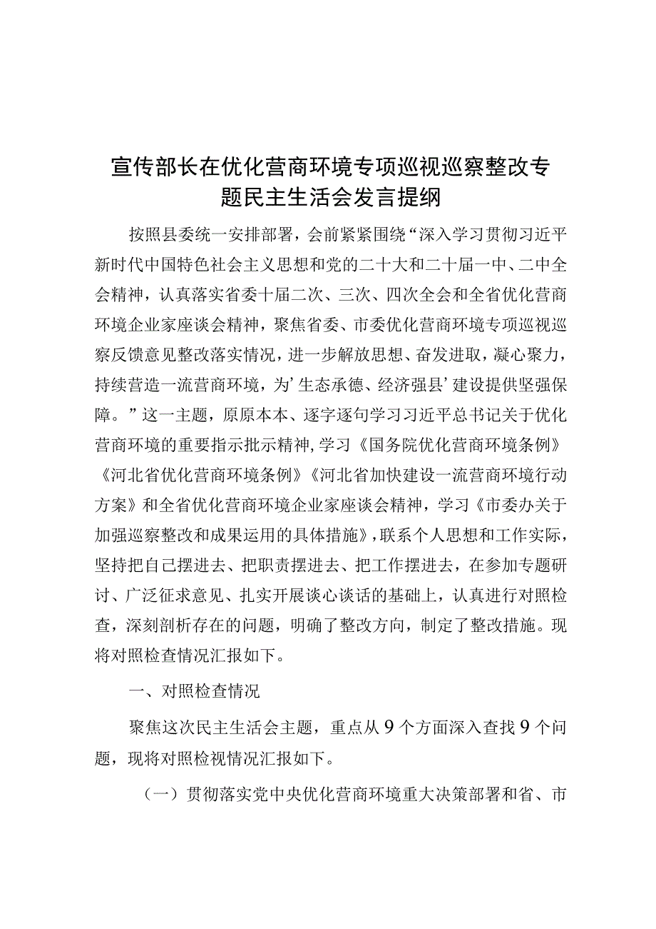 在优化营商环境专项巡视巡察整改专题民主生活会发言提纲（宣传部长）.docx_第1页