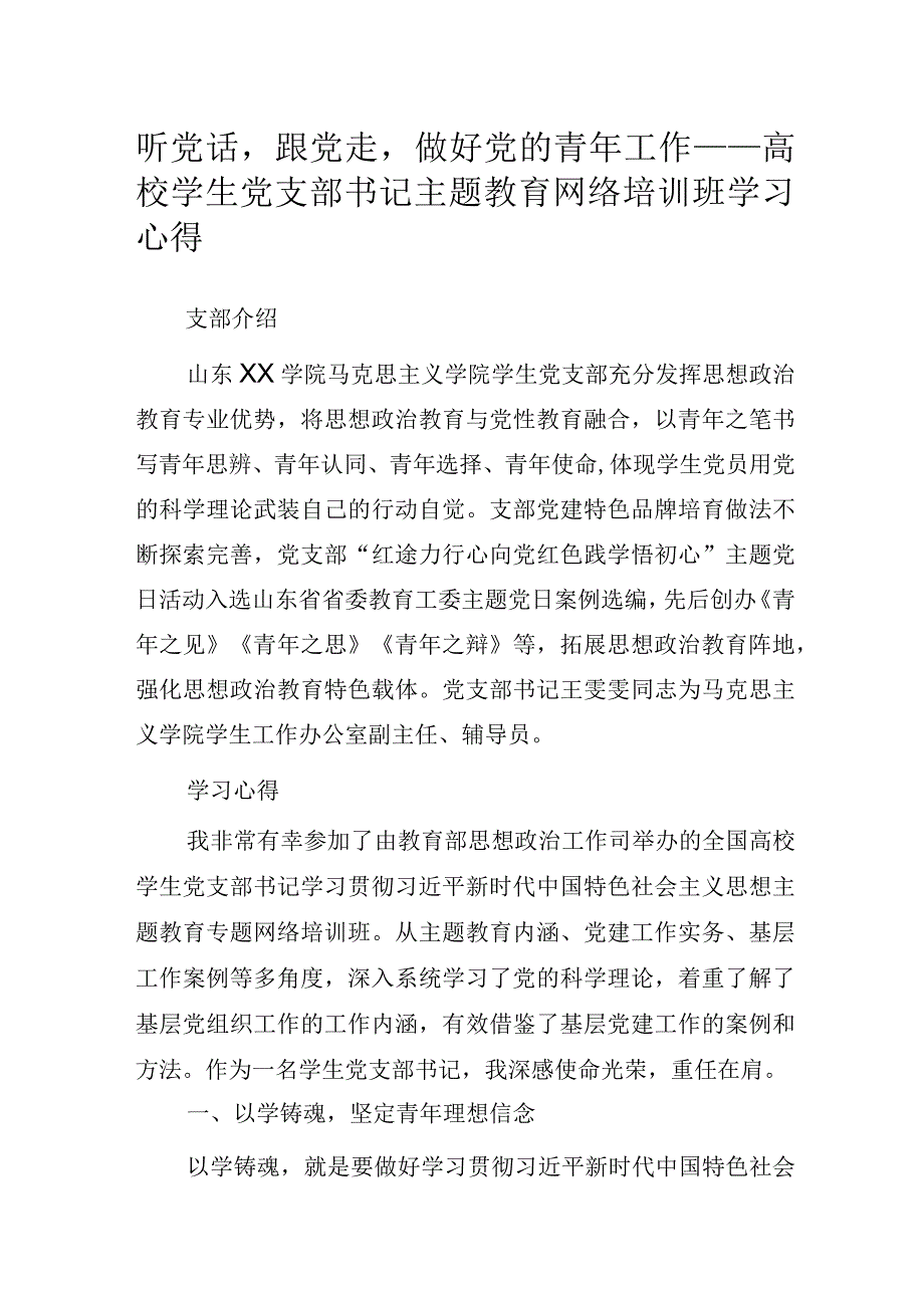 听党话跟党走做好党的青年工作——高校学生党支部书记主题教育网络培训班学习心得.docx_第1页