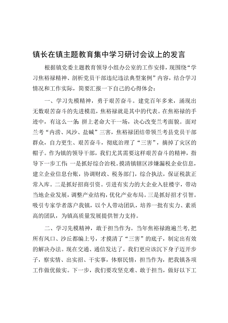 研讨发言：主题教育集中学习研讨交流发言（乡镇）.docx_第1页