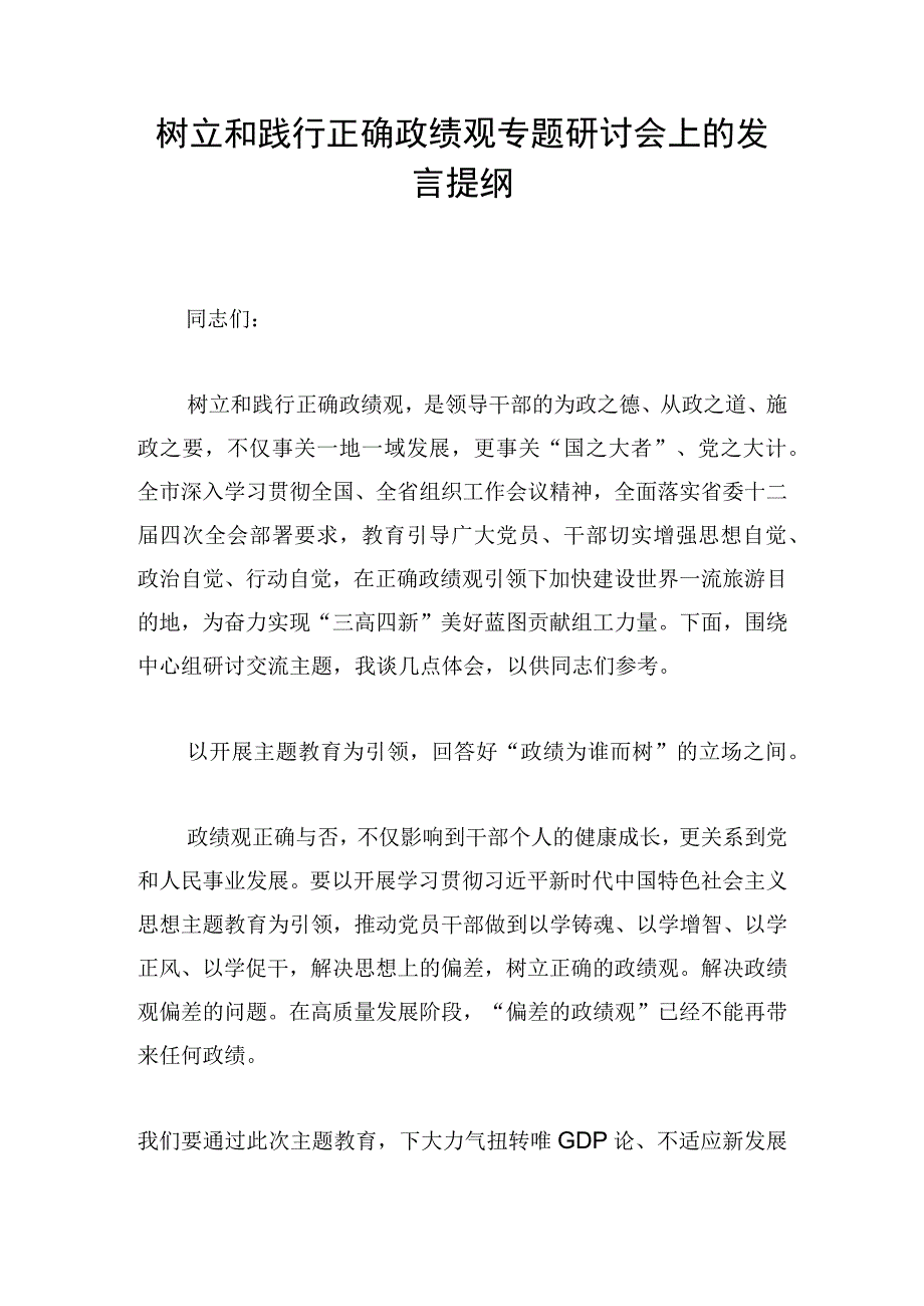 树立和践行正确政绩观专题研讨会上的发言提纲.docx_第1页