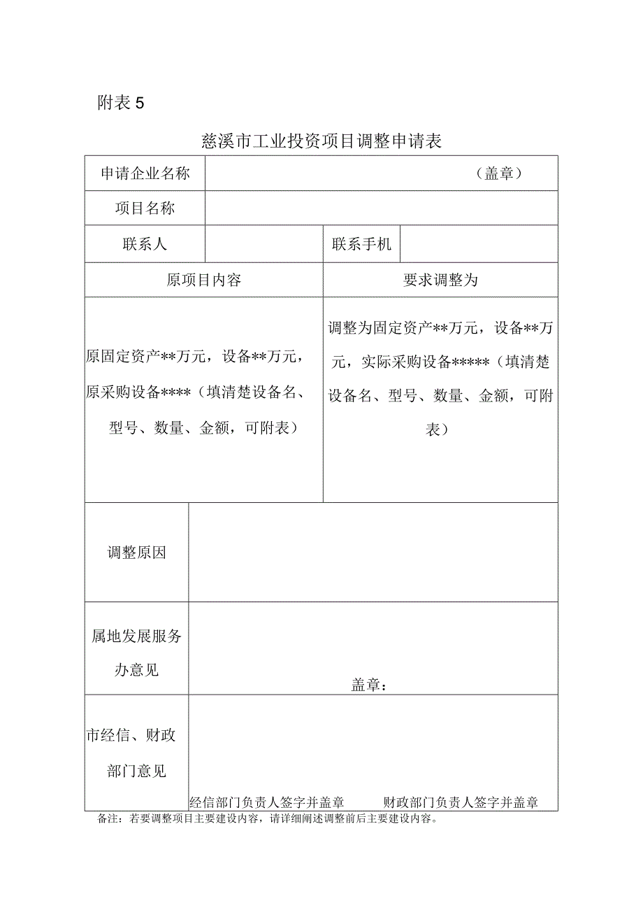 慈溪市工业投资项目调整申请表.docx_第1页