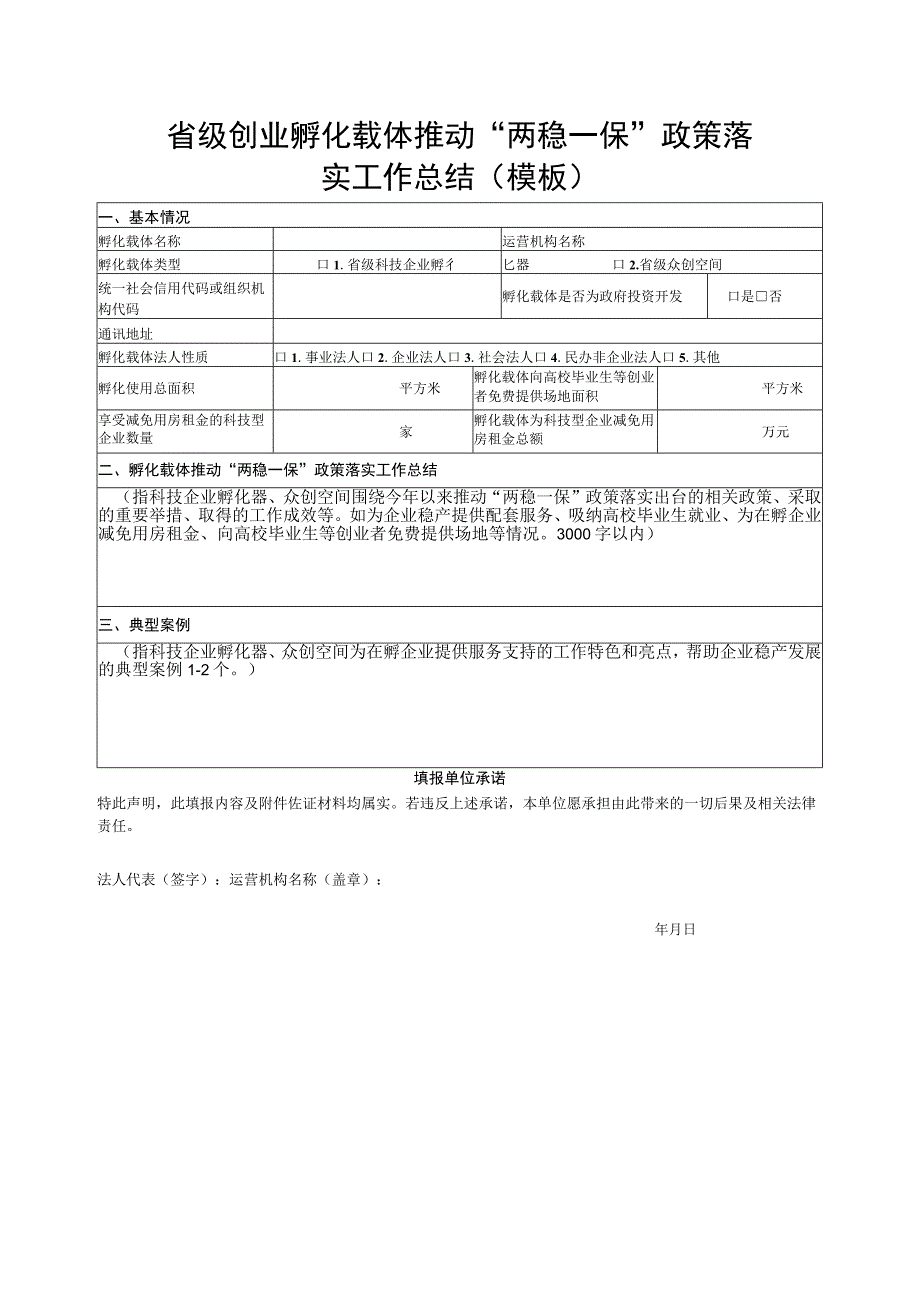 省级创业孵化载体推动“两稳一保”政策落实工作总结（模板）.docx_第1页