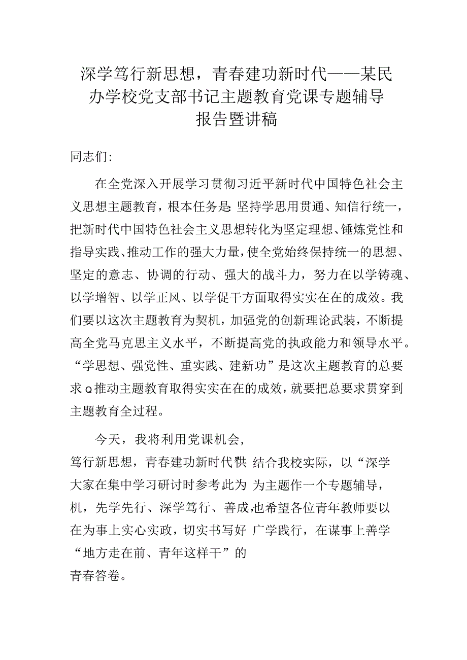 深学笃行新思想青春建功新时代——某民办学校党支部书记主题教育党课专题辅导报告暨讲稿.docx_第1页