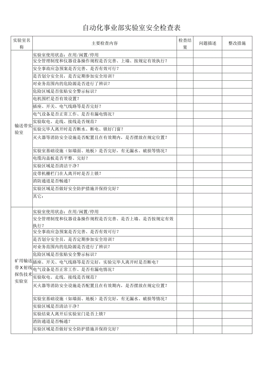 自动化部实验室安全检查表.docx_第1页