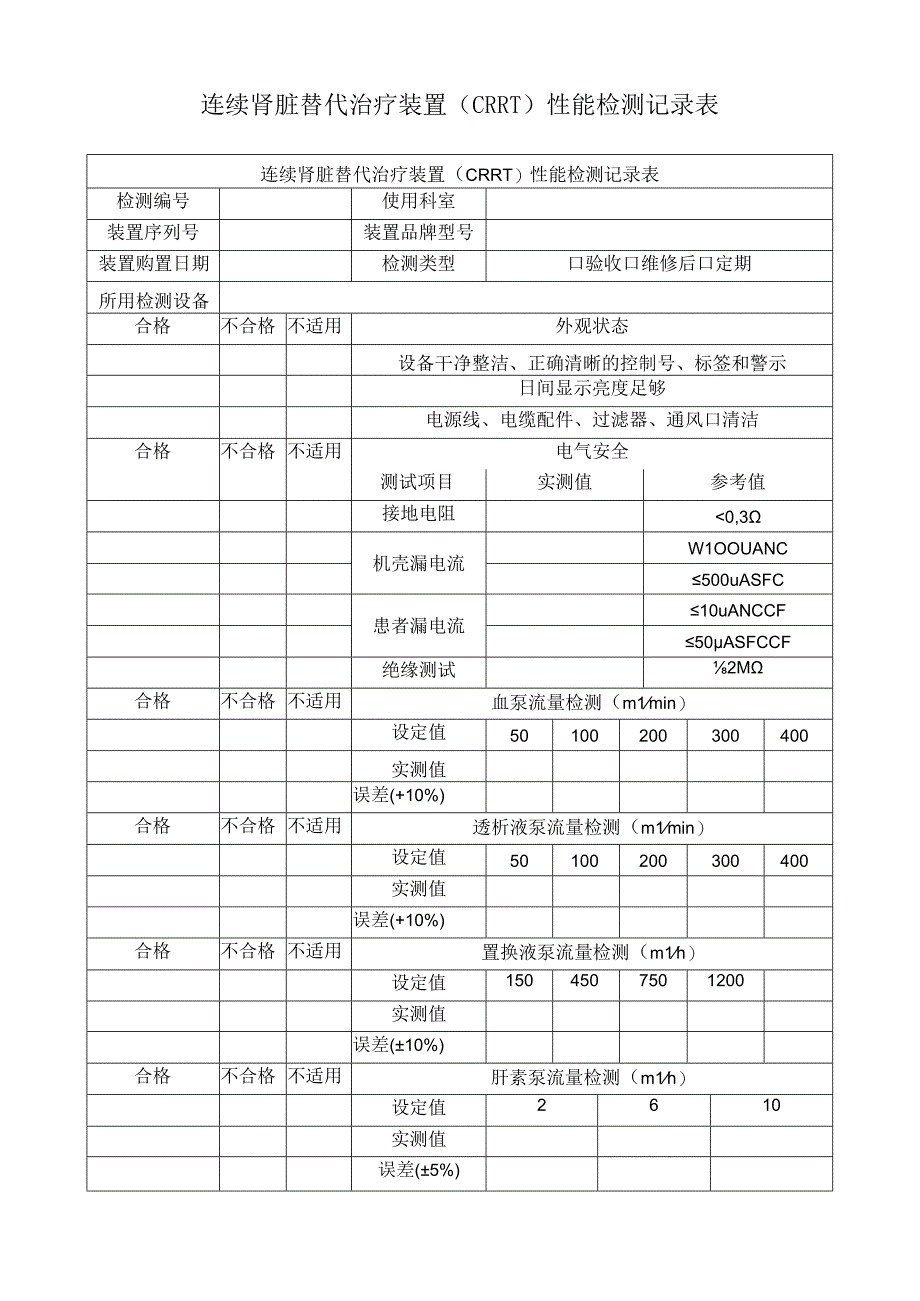 连续肾脏替代治疗装置（CRRT）性能检测记录表.docx_第1页