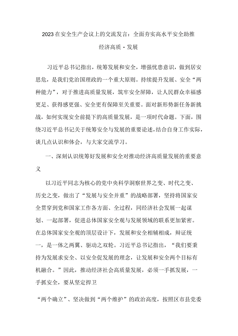 2023在安全生产会议上的交流发言：全面夯实高水平安全助推经济高质量发展.docx_第1页