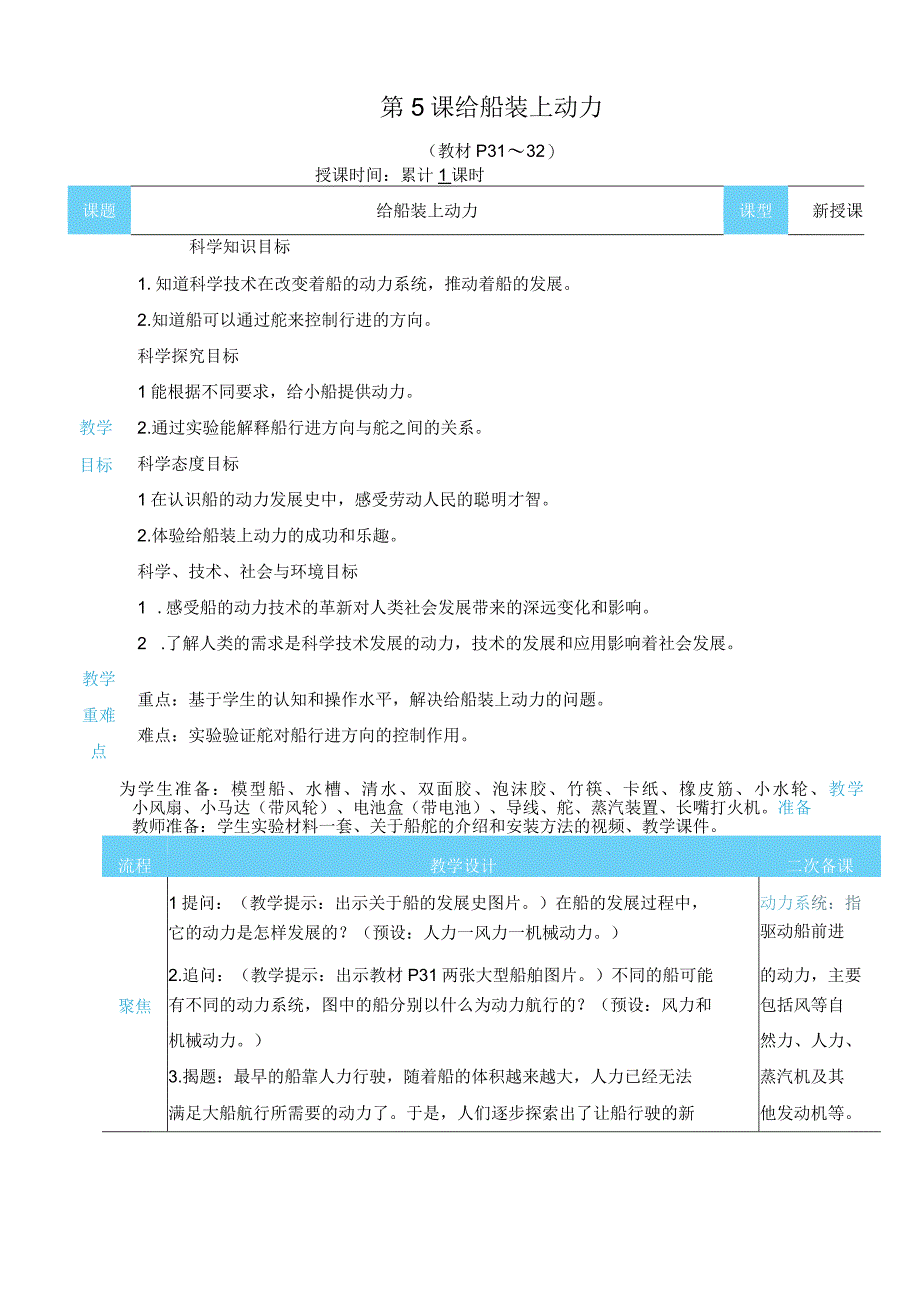 2021新教科版五年级下册科学2.5.给船装上动力教学设计.docx_第1页