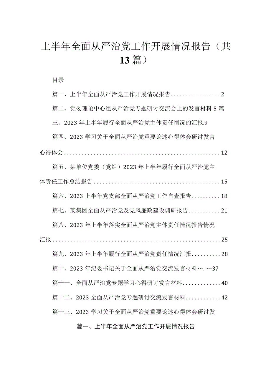 2023上半年全面从严治党工作开展情况报告（共13篇）.docx_第1页