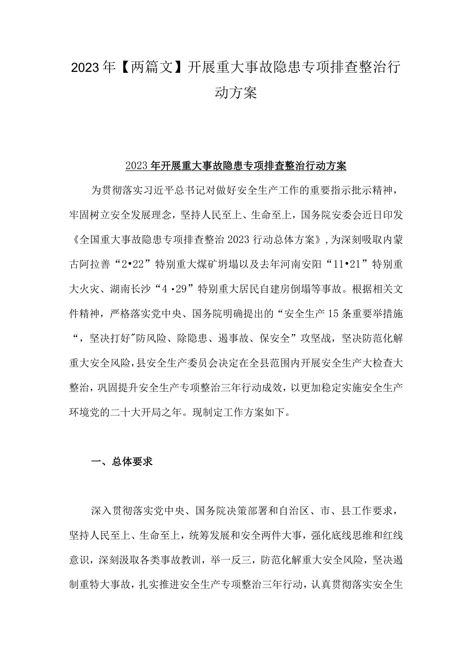 2023年【两篇文】开展重大事故隐患专项排查整治行动方案.docx_第1页