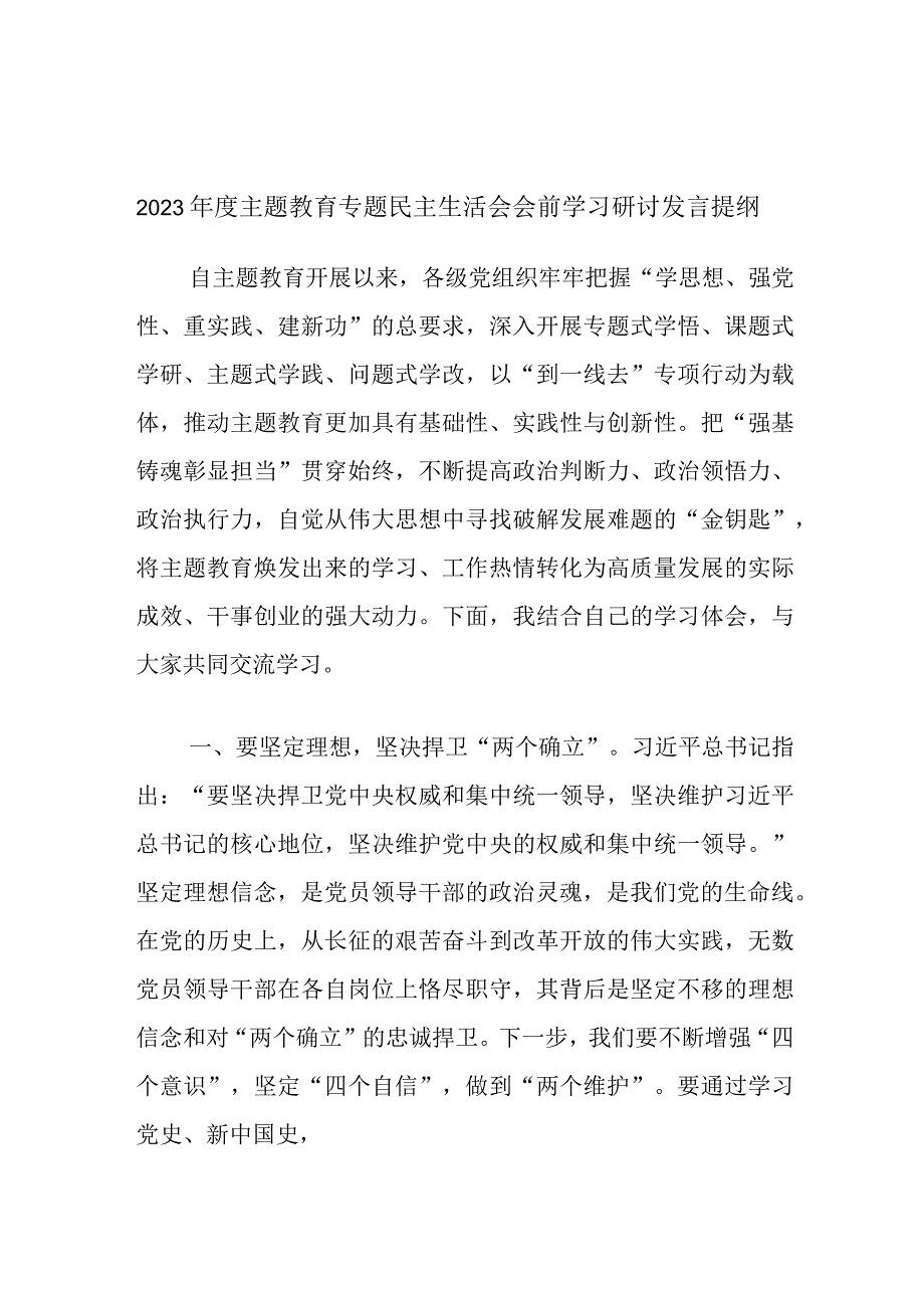 2023年度主题教育专题民主生活会会前学习研讨发言提纲 (5).docx_第1页