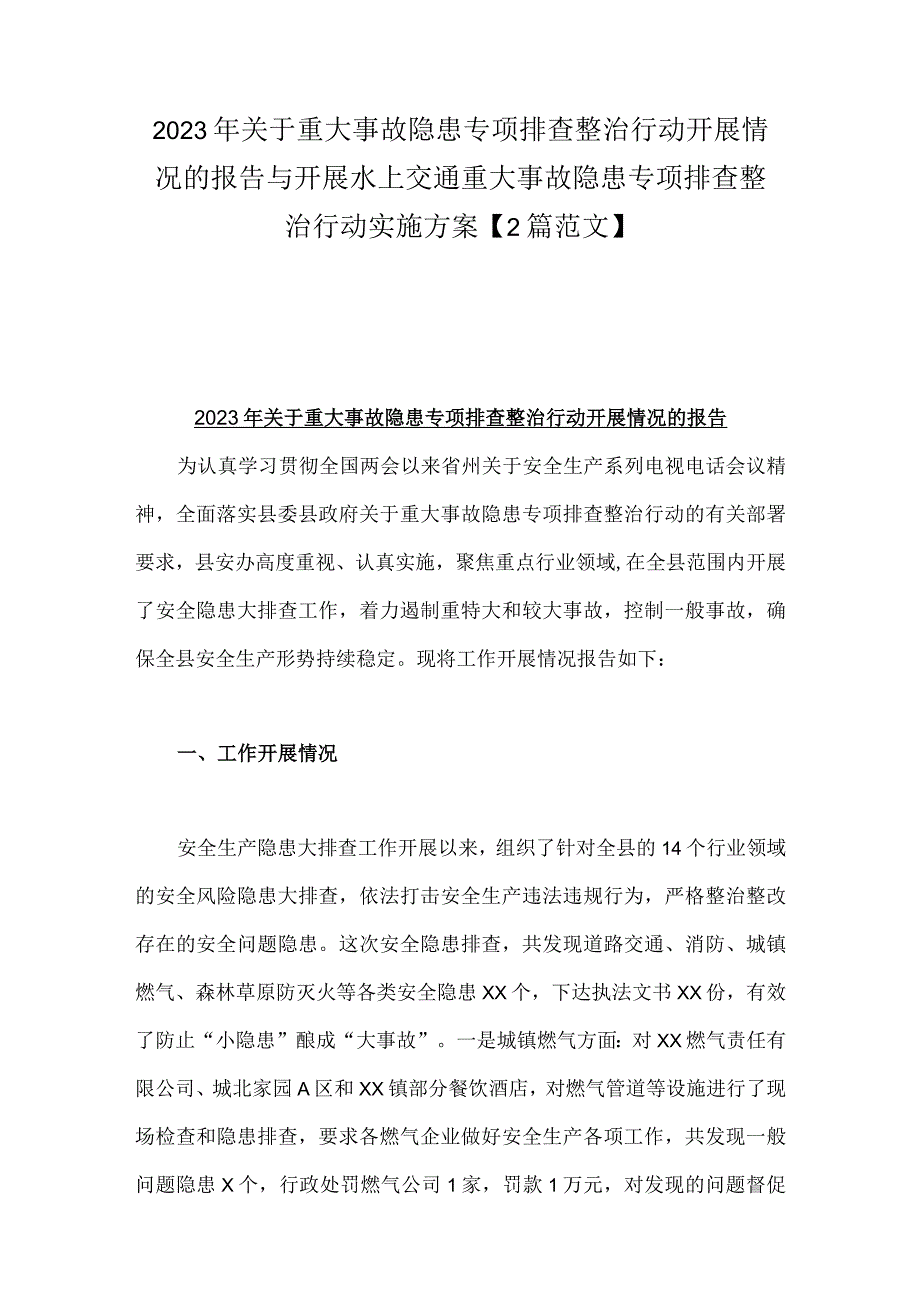 2023年关于重大事故隐患专项排查整治行动开展情况的报告与开展水上交通重大事故隐患专项排查整治行动实施方案【2篇范文】.docx_第1页