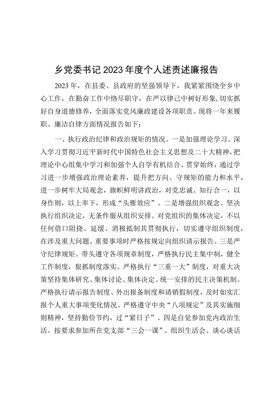 2023年度个人述责述廉报告（乡镇党委书记）(1).docx_第1页