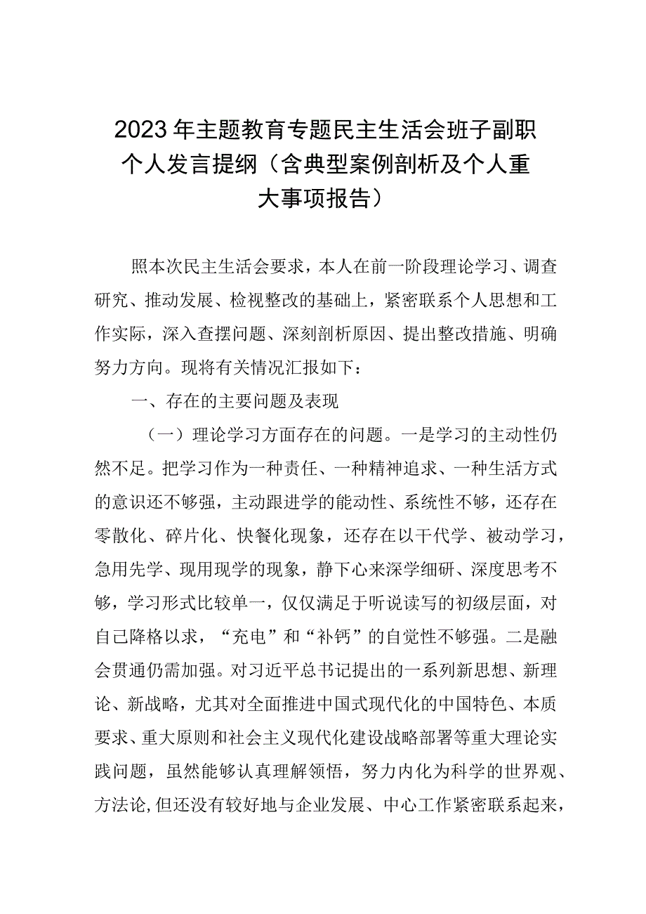 2023年主题教育专题民主生活会班子副职个人发言提纲（含典型案例剖析及个人重大事项报告）.docx_第1页