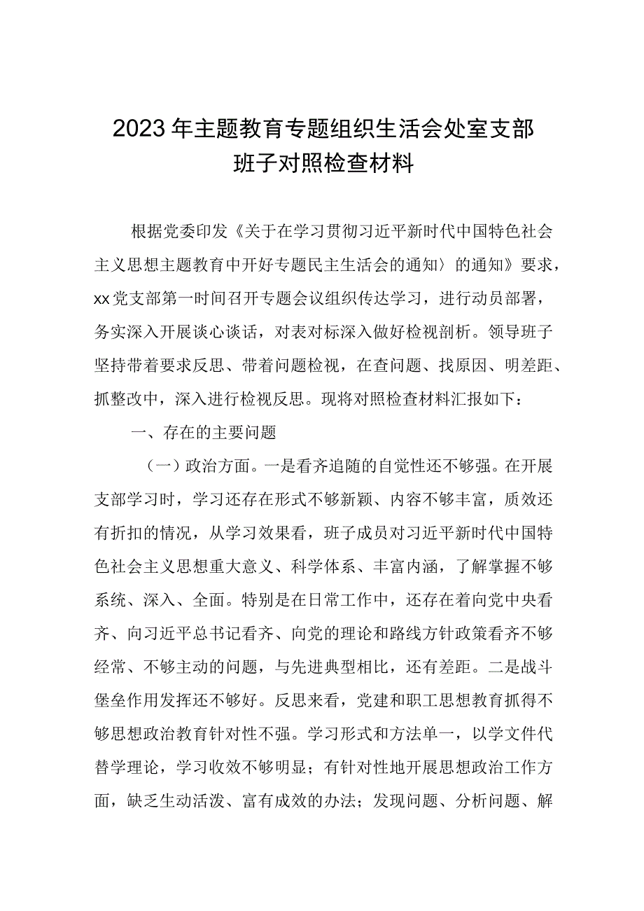 2023年主题教育专题组织生活会处室支部班子对照检查材料.docx_第1页