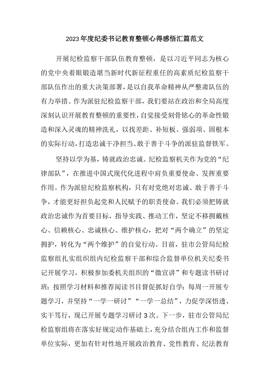 2023年度纪委书记教育整顿心得感悟汇篇范文.docx_第1页