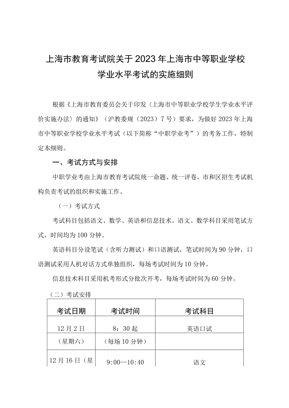 2023年上海市中等职业学校学业水平考试的实施细则.docx_第1页