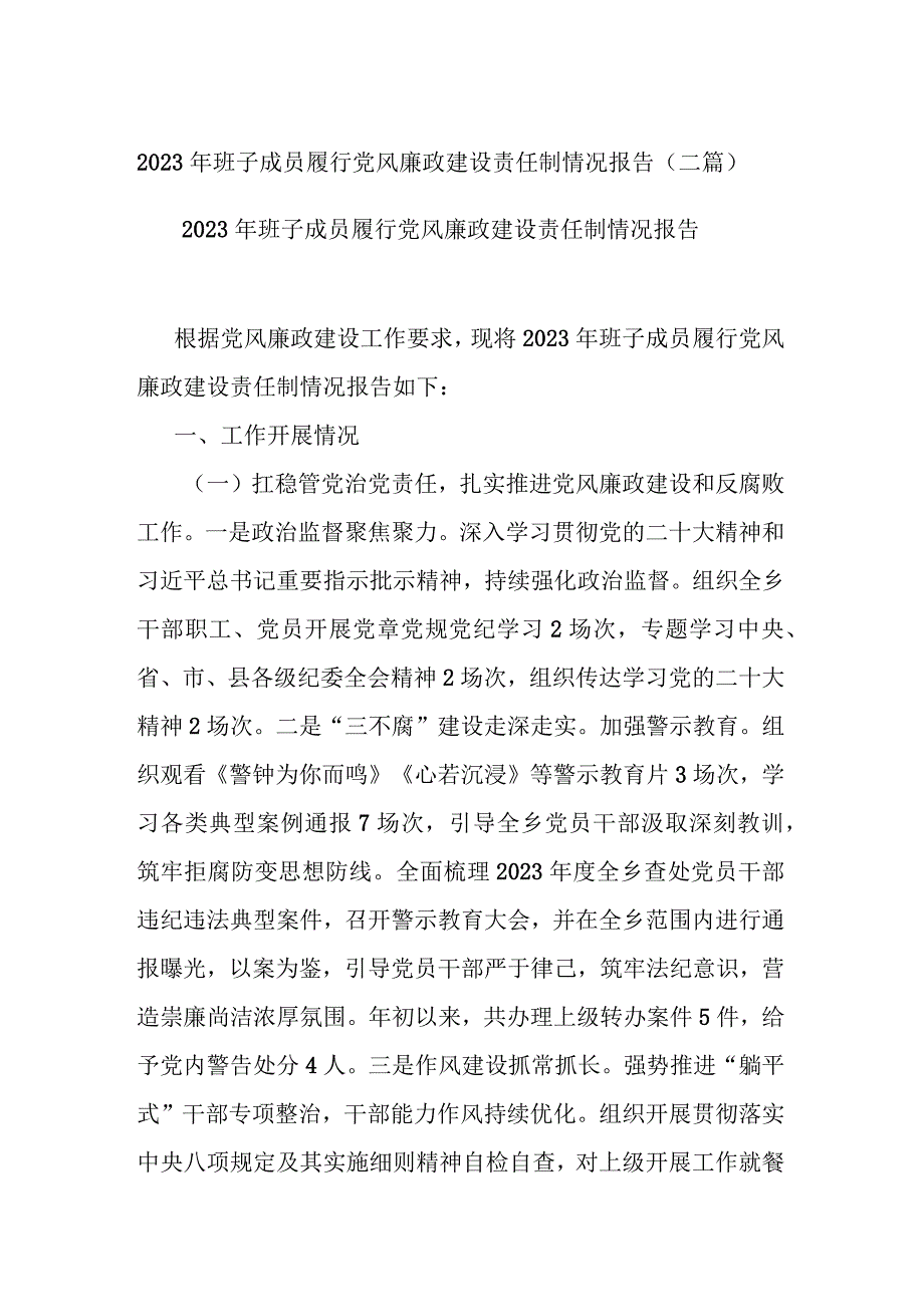 2023年班子成员履行党风廉政建设责任制情况报告(二篇).docx_第1页