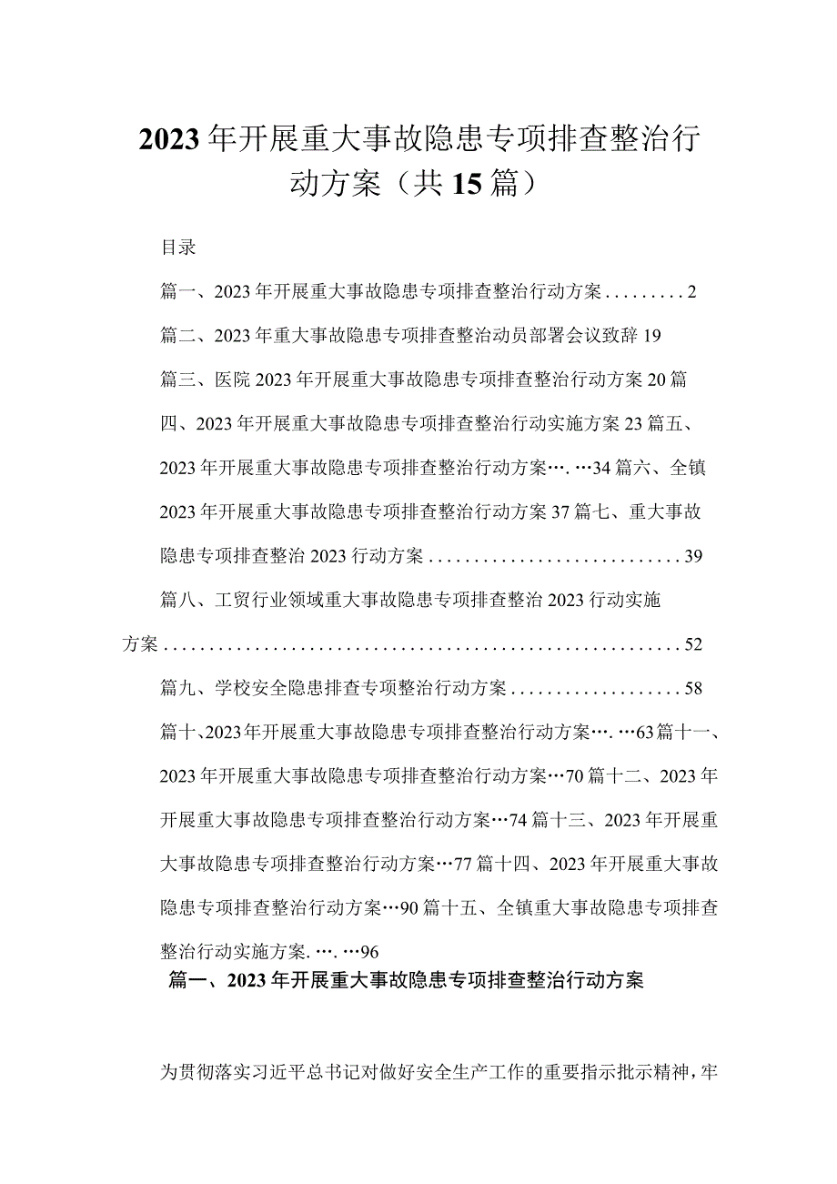 2023年开展重大事故隐患专项排查整治行动方案(精选15篇合集).docx_第1页