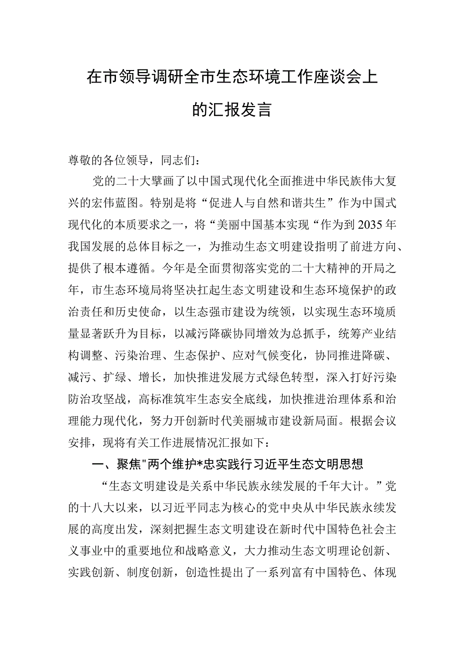 2023年在市领导调研全市生态环境工作座谈会上的汇报发言.docx_第1页