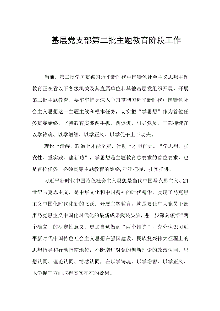 2023年基层党支部第二批主题教育阶段工作总结.docx_第1页