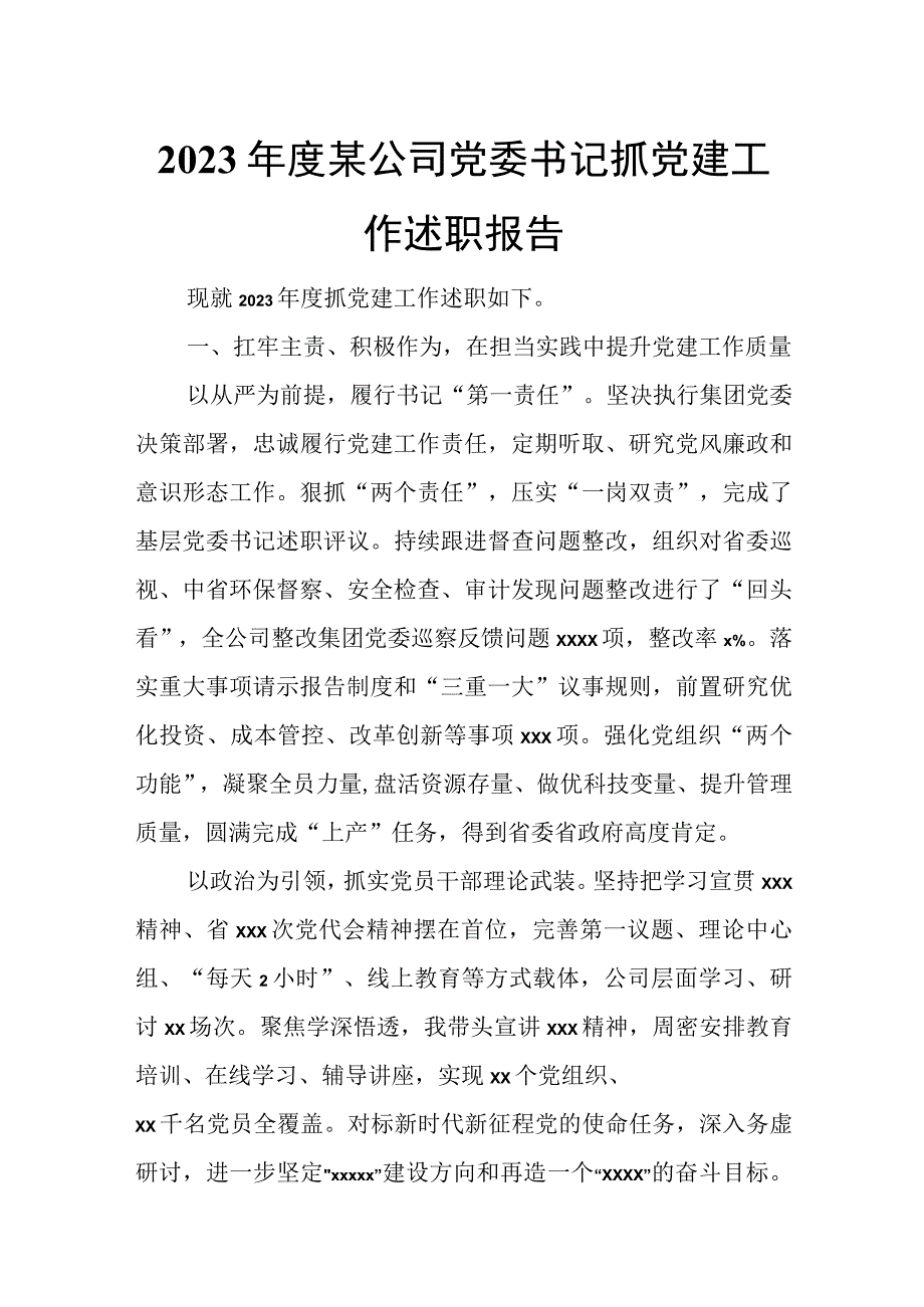 2023年度某公司党委书记抓党建工作述职报告.docx_第1页