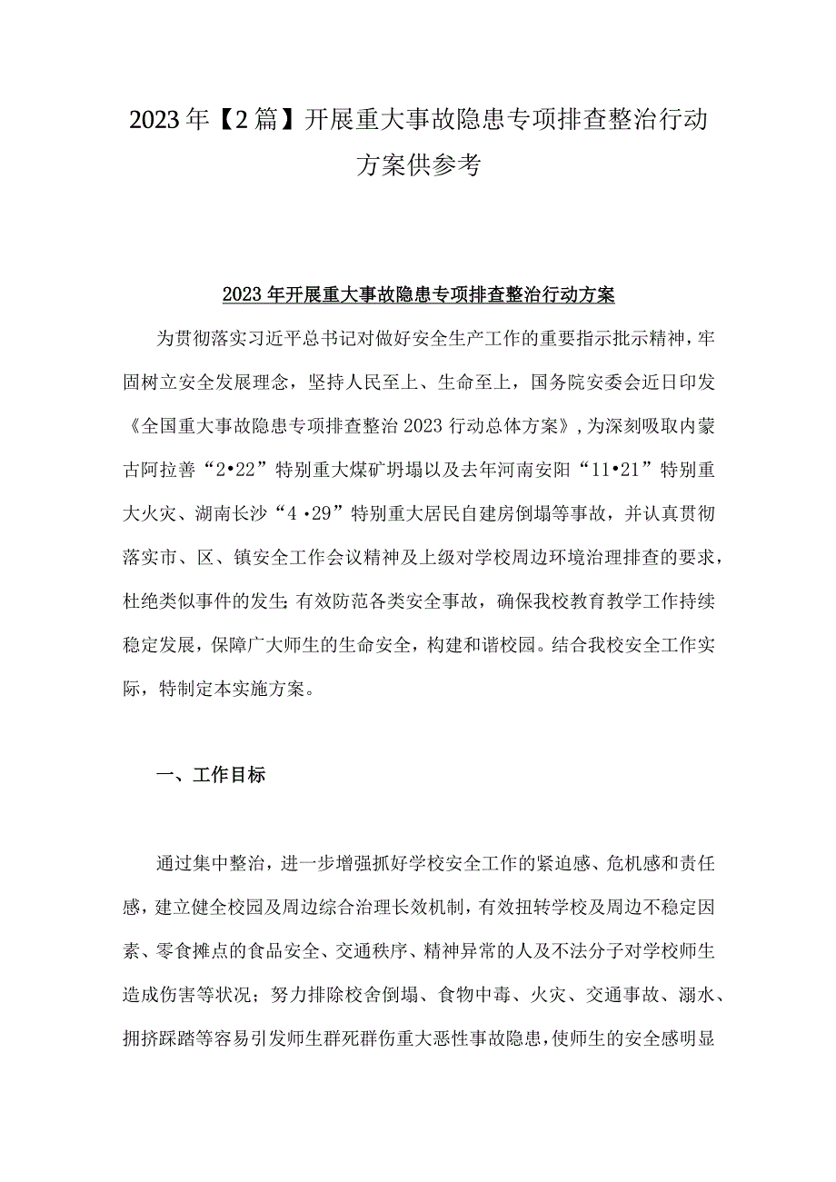 2023年【2篇】开展重大事故隐患专项排查整治行动方案供参考.docx_第1页