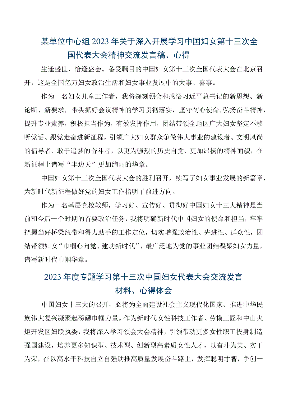 2023年在专题学习中国妇女第十三次全国代表大会的发言材料、心得感悟共八篇.docx_第2页