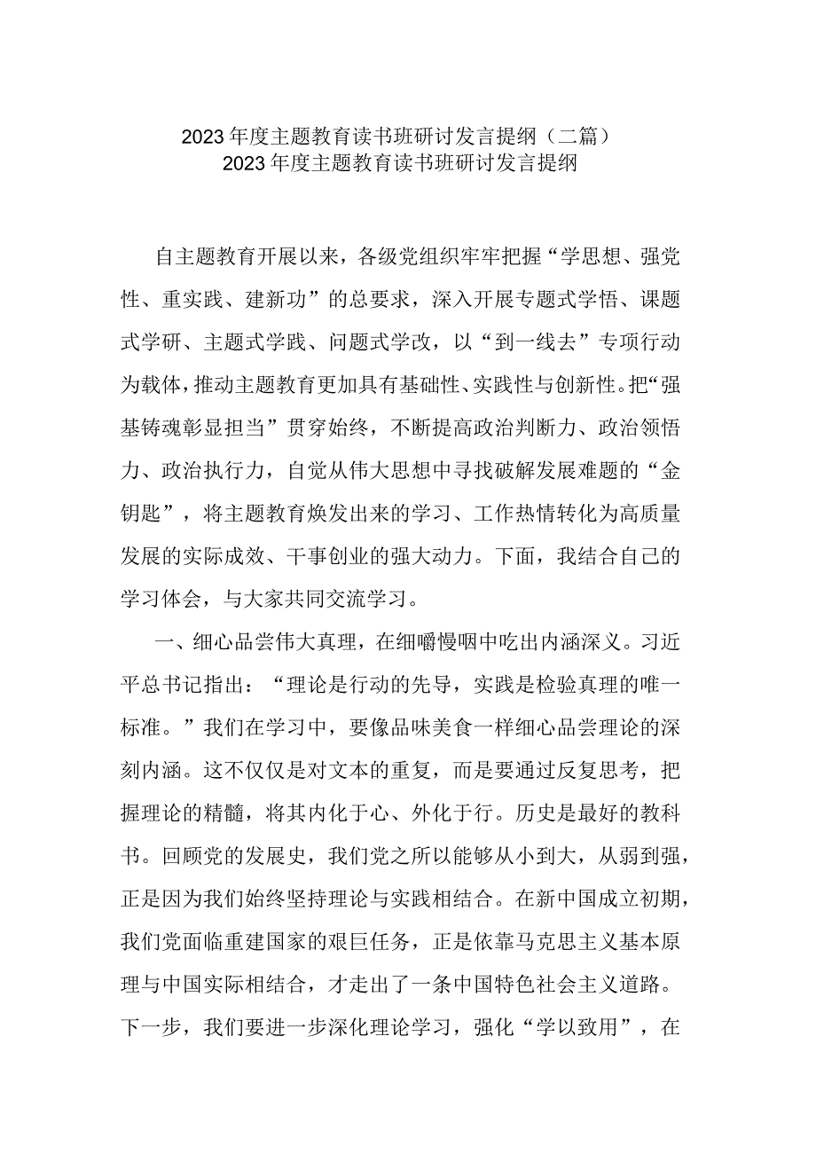 2023年度主题教育读书班研讨发言提纲(二篇).docx_第1页