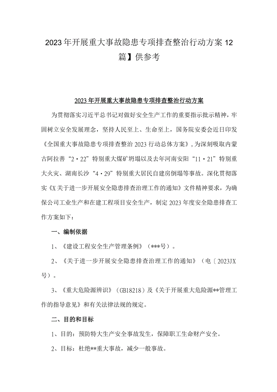 2023年开展重大事故隐患专项排查整治行动方案【2篇】供参考.docx_第1页