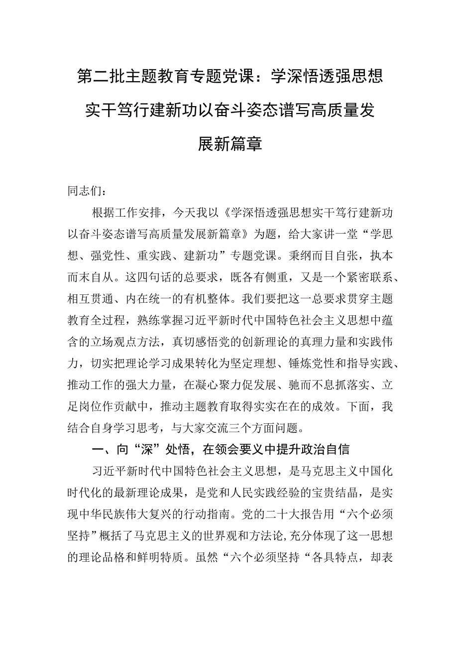 2023年第二批主题教育专题党课：学深悟透强思想+实干笃行建新功+以奋斗姿态谱写高质量发展新篇章.docx_第1页