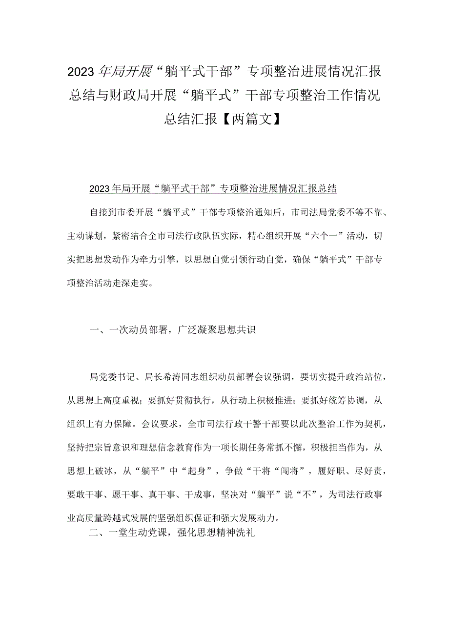 2023年局开展“躺平式干部”专项整治进展情况汇报总结与财政局开展“躺平式”干部专项整治工作情况总结汇报【两篇文】.docx_第1页