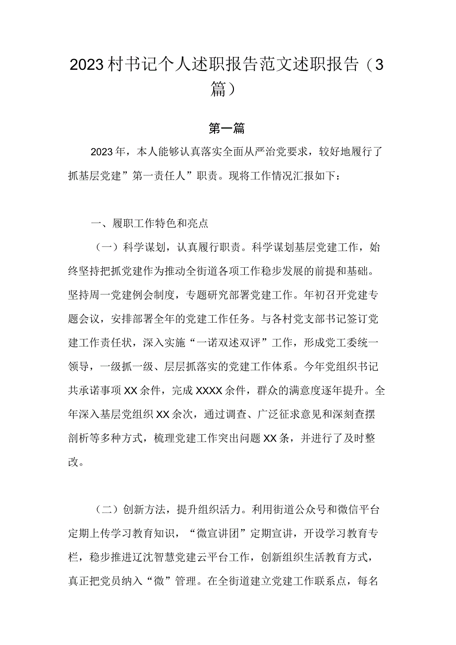 2023村书记个人述职报告范文述职报告.docx_第1页