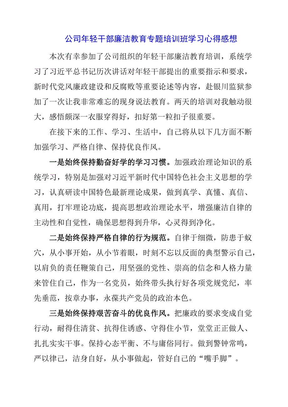 公司年轻干部廉洁教育专题培训班学习心得感想.docx_第1页